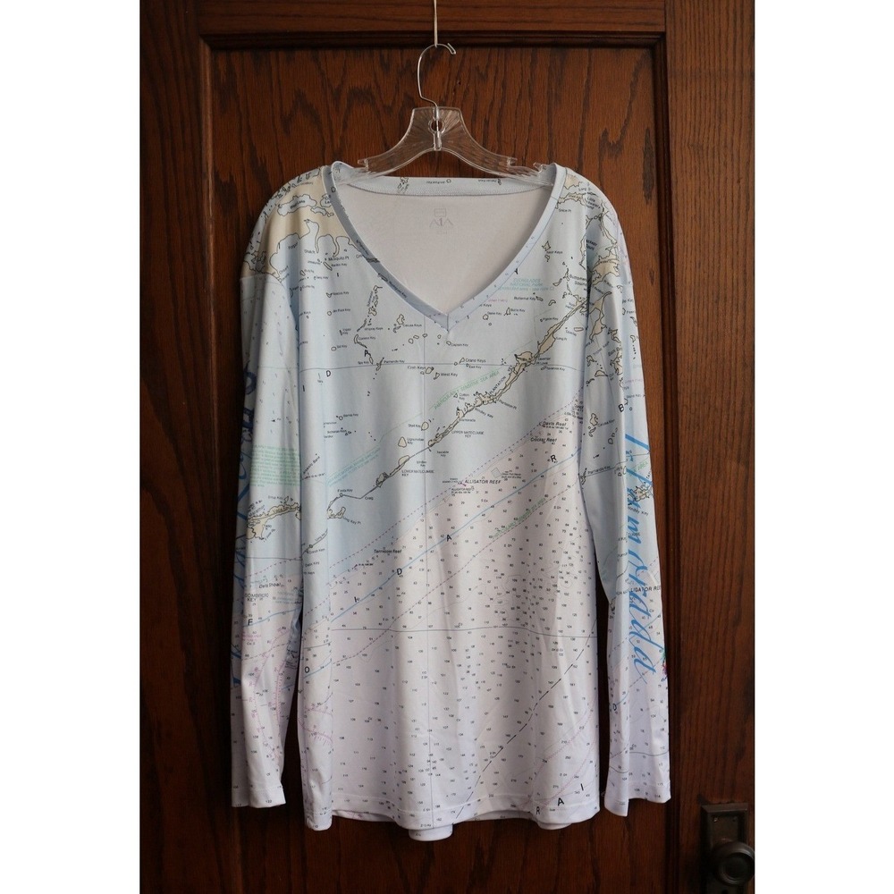 A1A OUTFITTERS Shirt Florida Keys Map Sun Women XXL White Blue Islamorada Fish